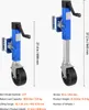 Two trailer jacks are shown side-by-side, one extended and one retracted, with dimensions indicated. Náhled obrázku produktu