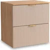 A product shot of a two-drawer cabinet with a wooden top and wood-grain sides, and ribbed beige drawer fronts with gold handles. Podgląd zdjęcia produktu