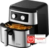 A black and silver air fryer filled with french fries, shown on a white background with marketing badges. Produktbild-Vorschau