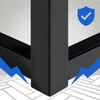 Close-up of a black metal bed frame leg with a blue shield icon with a checkmark overlay. Produktbild-Vorschau