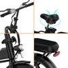 A collage of four close-up images showing different parts of a black electric bicycle. Voir les images du produit