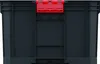A front view of a black plastic storage box with a red latch mechanism at the top. Voir les images du produit