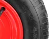 A close-up view of a wheel with a red rim and a black tire, showing some text on the tire. Produktbild-Vorschau