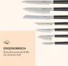 A collection of kitchen knives displayed against a light background, with a section on the left highlighting ergonomic features. Produktbild-Vorschau