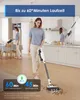 A woman is vacuuming her kitchen with a cordless stick vacuum cleaner. There are overlays showing battery life and features. Produktbild-Vorschau