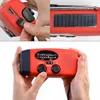Collage of images showing different angles and features of a red multi-functional emergency radio. Produktbild-Vorschau