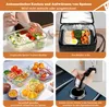 A collage of images showing a portable food warmer and its use. Produktbild-Vorschau
