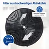 A close-up view of a black activated carbon filter for a range hood, with text overlays and arrows indicating airflow and functionality. Produktbild-Vorschau