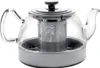 A clear studio shot of a glass teapot with a metal infuser and lid, placed on a metal base. Produktbild-Vorschau