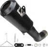 A black motorcycle exhaust muffler and its accessories are displayed against a white background. Náhľad obrázku produktu