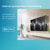 A living room scene with a TV displaying a sound wave graphic, and promotional text on the left. Produktbild-Vorschau
