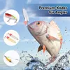 A fish jumping out of the water, with fishing lures shown in circles on the left side of the image. The background is a sky with clouds. Produktbild-Vorschau