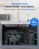 Under-sink water filtration system components and dimensions shown in a kitchen setting. Produktbild-Vorschau