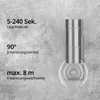 A silver wall lamp with text describing its features against a textured gray background. Produktbild-Vorschau