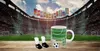 A soccer stadium with flags and a mug with soccer-themed design, along with tiny soccer boots and a soccer ball. Náhľad obrázku produktu