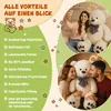 A collage of images showing a large teddy bear with people, alongside text listing product benefits. Náhľad obrázku produktu