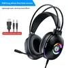 A gaming headset with RGB lighting and microphone, shown against a white background with descriptive text overlays. Produktbild-Vorschau