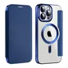 A blue flip case for an iPhone 15 Pro Max is shown next to the phone case itself, which has a clear back and a blue metallic frame. Produktbild-Vorschau