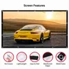 A projection screen displaying a yellow sports car with a sunset in the background, accompanied by feature icons and text. Produktbild-Vorschau