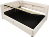 A beige upholstered bed frame with the mattress support mechanism open, revealing the storage space underneath. Produktbild-Vorschau