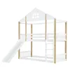 A white and wood bunk bed with a slide and ladder, set against a white background. Produktbild-Vorschau