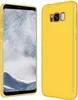 A yellow phone case is shown from two angles, with a phone inside the case on the left.