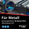 A close-up of a metal cutting saw with metal profiles in the background, overlaid with marketing text. Produktbild-Vorschau