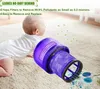 A baby crawling on a carpet next to a vacuum cleaner filter with animated particles and dirt being sucked in. Produktbild-Vorschau