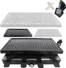 A collection of raclette grill components, including a grill stone, a ribbed grill plate, and a base unit with raclette pans and spatulas. Produktbild-Vorschau