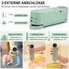 Collage showing a portable vacuum sealer and inflator, with various attachments and use cases illustrated. Produktbild-Vorschau