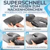 A collage of four images showing the steps to transform a pillow into a neck pillow. Produktbild-Vorschau