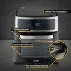 A studio shot of a black and silver air fryer oven with descriptive text overlays. Produktbild-Vorschau