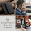 Collage of images showing a black phone case, a man using a phone with a case, and a close-up of the case with cards and cash. Produktbild-Vorschau