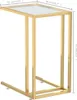 A golden metal frame side table with a transparent glass top. Produktbild-Vorschau