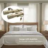 A bedroom scene with a bed, nightstands, lamps, and curtains, featuring a close-up inset of curtain rods. Produktbild-Vorschau