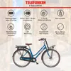 A blue Telefunken E-Retro RT530 electric bicycle with various feature icons and text descriptions. Produktbild-Vorschau