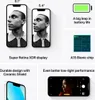 Collage of marketing images for an iPhone 13, showing different screen sizes, battery life, chip, design, and low-light performance. Produktbild-Vorschau