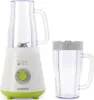 A white and green Kenwood blender with a clear blending cup and a separate clear travel cup with a gray lid, shown against a white background. Produktbild-Vorschau