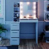A white vanity table with LED lights and drawers, set against a light blue wall. Anteprima dell’immagine prodotto