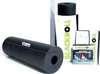 A black foam roller and its packaging are displayed on a white background, along with instructional materials. Podgląd zdjęcia produktu