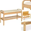 A collage of images showing a bamboo shoe rack with a seat and storage. Produktbild-Vorschau