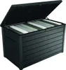 A black outdoor storage box with its lid open, revealing cushions inside. Produktbild-Vorschau