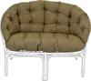 A brown tufted cushion set on a white rattan sofa frame. Produktbild-Vorschau
