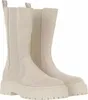 A pair of beige suede boots with a thick platform sole, shown from the front against a white background. Produktbild-Vorschau