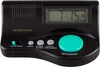 A black digital alarm clock with a green button and display. Produktbild-Vorschau