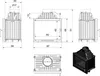 Technical drawings and a 3D render of a fireplace insert. Produktbild-Vorschau