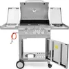 A stainless steel gas grill with the lid open, showing the cooking grates and a side burner. The grill has a propane hose attached and a storage cabinet at the bottom. Podgląd zdjęcia produktu