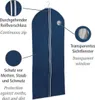 A dark blue garment bag with white trim and labels pointing out its features. Produktbild-Vorschau