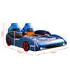 A blue car-shaped children's bed with dimensions indicated by red lines and text. Anteprima dell’immagine prodotto