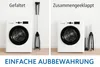 Two images of a washing machine with a foldable drying rack next to it, demonstrating its compact storage. Voir les images du produit